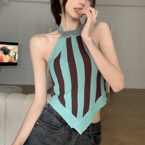 Hàng Mới Về Mới Áo Hai Dây Dệt Kim Kẻ Sọc Hở Lưng Quyến Rũ Thời Trang Mùa Hè Cho Nữ