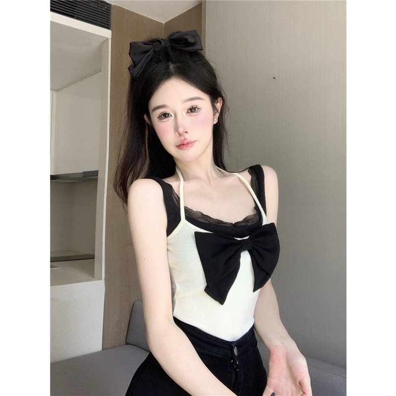 Hàng Mới Về Mới Áo Hai Dây Giả Hai Mảnh Thắt Nơ Phong Cách Pháp Thời Trang Mùa Hè Chất Lượng Cao Cho Nữ