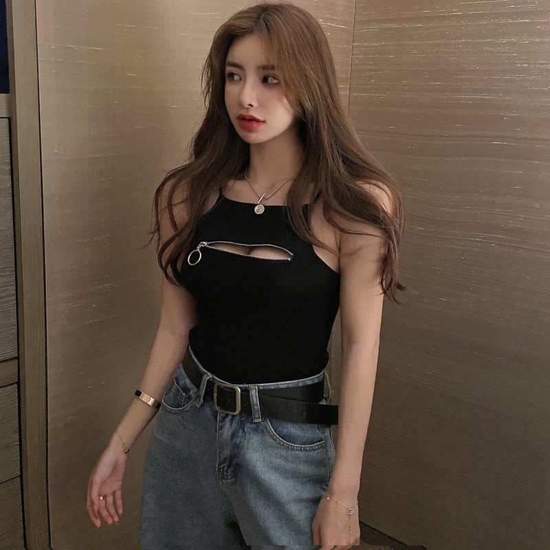 Hàng Mới Về Mới Áo Thun Hai Dây Phối Khóa Kéo Thời Trang Mùa Hè Quyến Rũ Cho Nữ