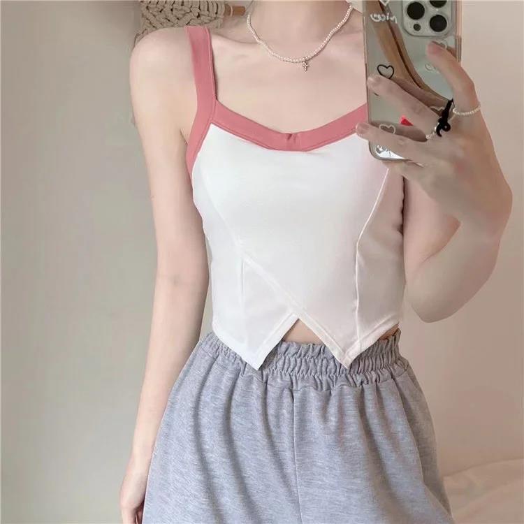 Hàng Mới Về Mới Áo Hai Dây Ôm Ngực Màu Tương Phản Chất Lượng Cao Thời Trang Mùa Hè Cho Nữ