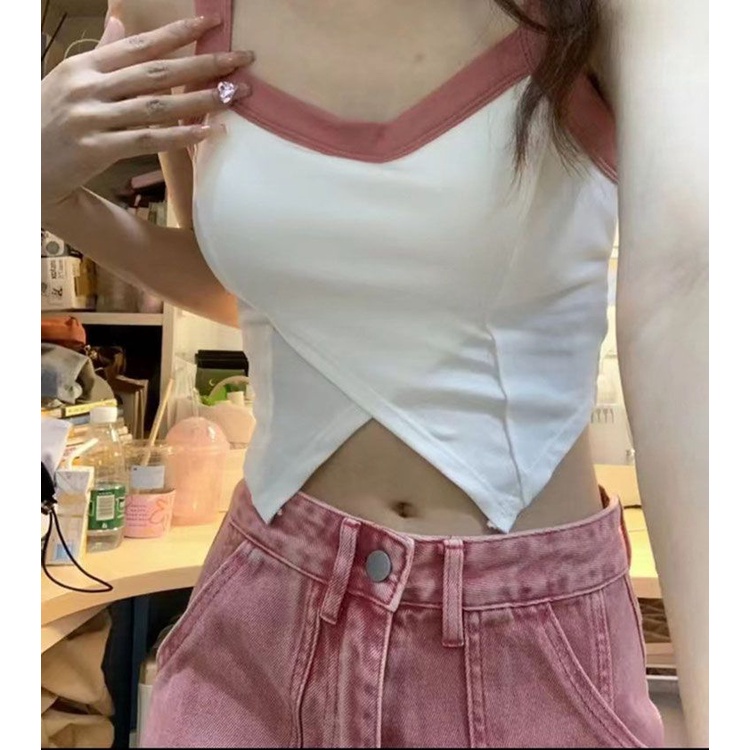 Hàng Mới Về Mới Áo Hai Dây Ôm Ngực Màu Tương Phản Chất Lượng Cao Thời Trang Mùa Hè Cho Nữ