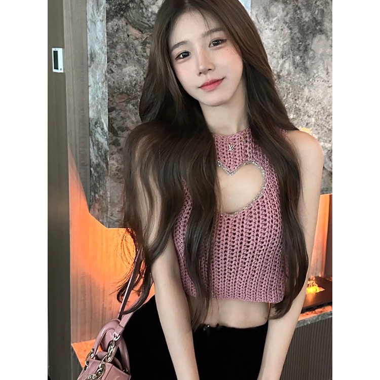 Hàng Mới Về Mới Áo Dệt Kim Hai Dây Ôm Dáng Ngắn Mỏng Vừa Vặn Họa Tiết Trái Tim Rỗng Kiểu Desire Thời Trang Mùa Hè Cao Cấp Cho Nữ