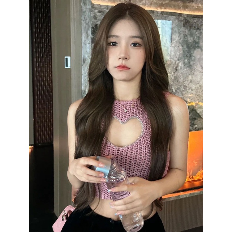 Hàng Mới Về Mới Áo Dệt Kim Hai Dây Ôm Dáng Ngắn Mỏng Vừa Vặn Họa Tiết Trái Tim Rỗng Kiểu Desire Thời Trang Mùa Hè Cao Cấp Cho Nữ