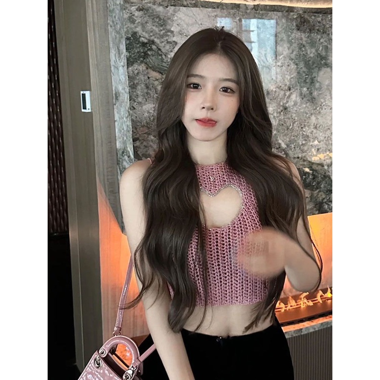 Hàng Mới Về Mới Áo Dệt Kim Hai Dây Ôm Dáng Ngắn Mỏng Vừa Vặn Họa Tiết Trái Tim Rỗng Kiểu Desire Thời Trang Mùa Hè Cao Cấp Cho Nữ
