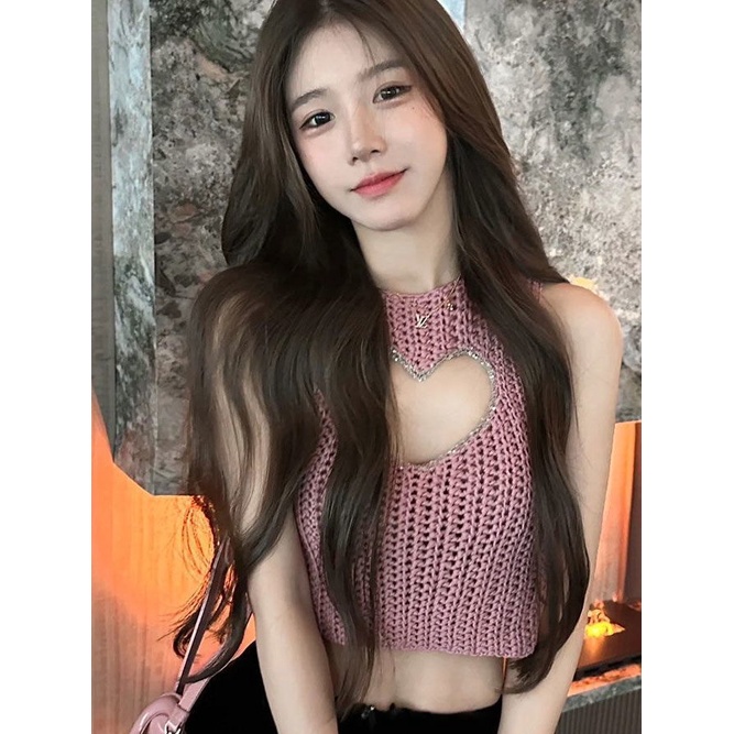 Hàng Mới Về Mới Áo Dệt Kim Hai Dây Ôm Dáng Ngắn Mỏng Vừa Vặn Họa Tiết Trái Tim Rỗng Kiểu Desire Thời Trang Mùa Hè Cao Cấp Cho Nữ