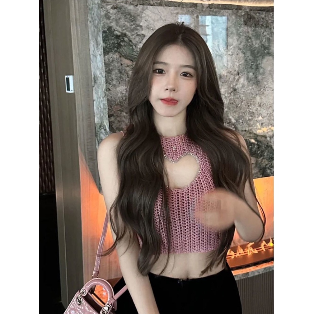 Hàng Mới Về Mới Áo Dệt Kim Hai Dây Ôm Dáng Ngắn Mỏng Vừa Vặn Họa Tiết Trái Tim Rỗng Kiểu Desire Thời Trang Mùa Hè Cao Cấp Cho Nữ
