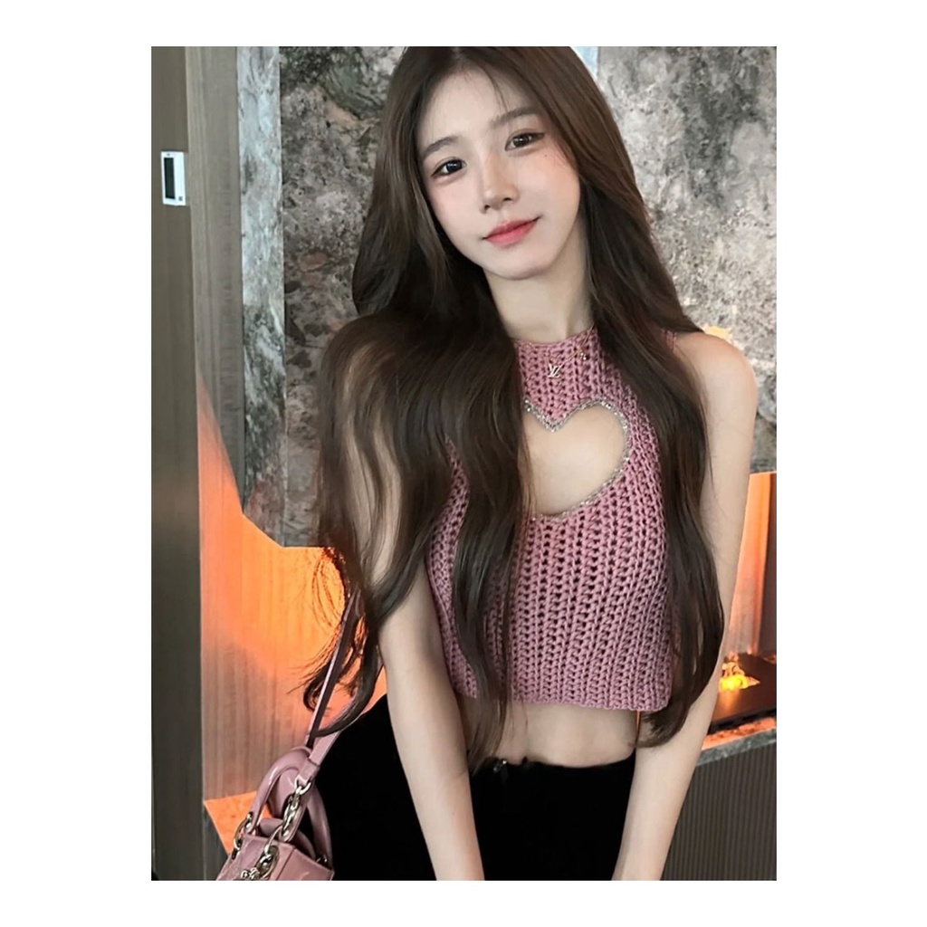 Hàng Mới Về Mới Áo Dệt Kim Hai Dây Ôm Dáng Ngắn Mỏng Vừa Vặn Họa Tiết Trái Tim Rỗng Kiểu Desire Thời Trang Mùa Hè Cao Cấp Cho Nữ