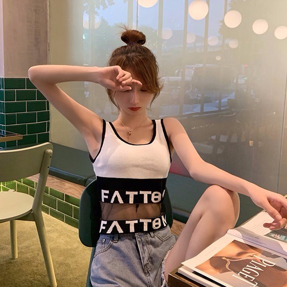 Hàng Mới Về Mới Áo Croptop Dệt Kim Sát Nách Cổ Tròn Phối Lưới In Chữ Thời Trang Chất Lượng Cao Cho Nữ