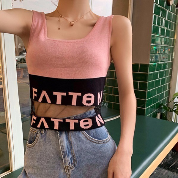 Hàng Mới Về Mới Áo Croptop Dệt Kim Sát Nách Cổ Tròn Phối Lưới In Chữ Thời Trang Chất Lượng Cao Cho Nữ