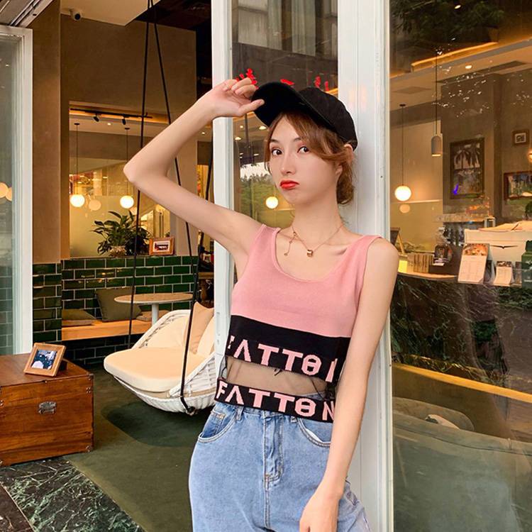Hàng Mới Về Mới Áo Croptop Dệt Kim Sát Nách Cổ Tròn Phối Lưới In Chữ Thời Trang Chất Lượng Cao Cho Nữ