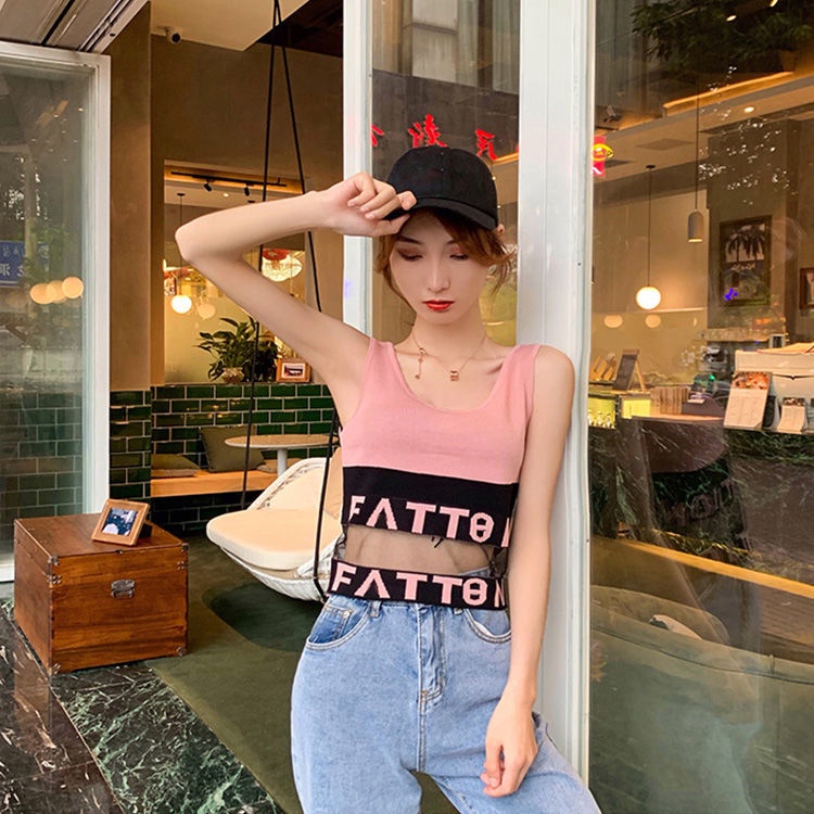 Hàng Mới Về Mới Áo Croptop Dệt Kim Sát Nách Cổ Tròn Phối Lưới In Chữ Thời Trang Chất Lượng Cao Cho Nữ