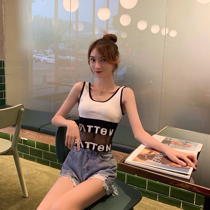 Hàng Mới Về Mới Áo Croptop Dệt Kim Sát Nách Cổ Tròn Phối Lưới In Chữ Thời Trang Chất Lượng Cao Cho Nữ