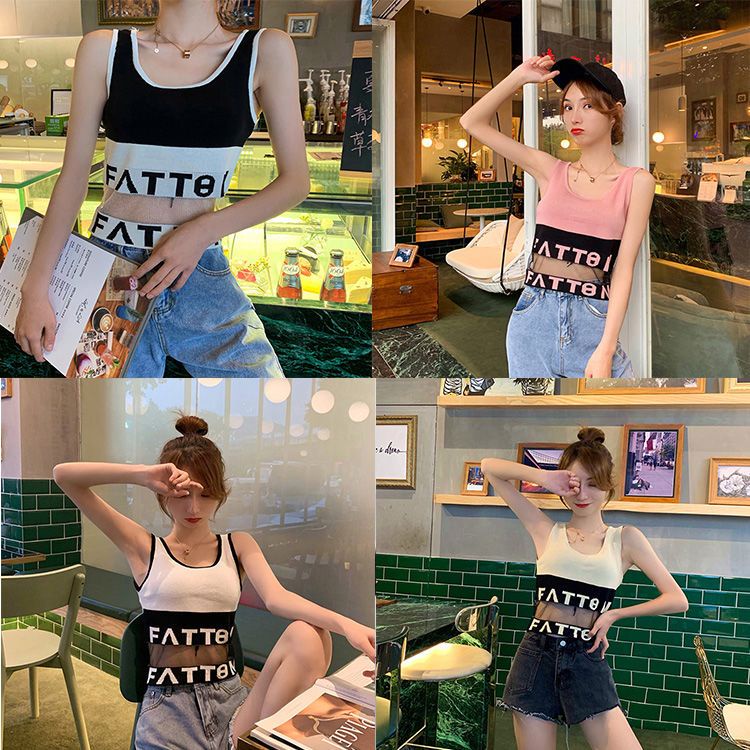 Hàng Mới Về Mới Áo Croptop Dệt Kim Sát Nách Cổ Tròn Phối Lưới In Chữ Thời Trang Chất Lượng Cao Cho Nữ