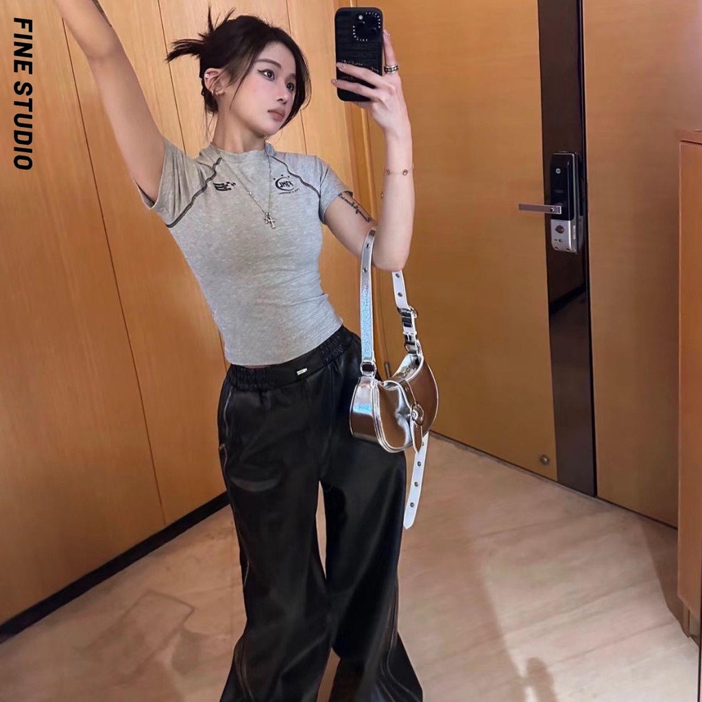 Fine Studio Áo Thun Ngắn Tay In Cấu Trúc Đường Kẻ Hở Kiểu Retro Mỹ Ngọt Ngào Phong Cách Đua Xe Ngọt Ngào Thời Trang Mùa