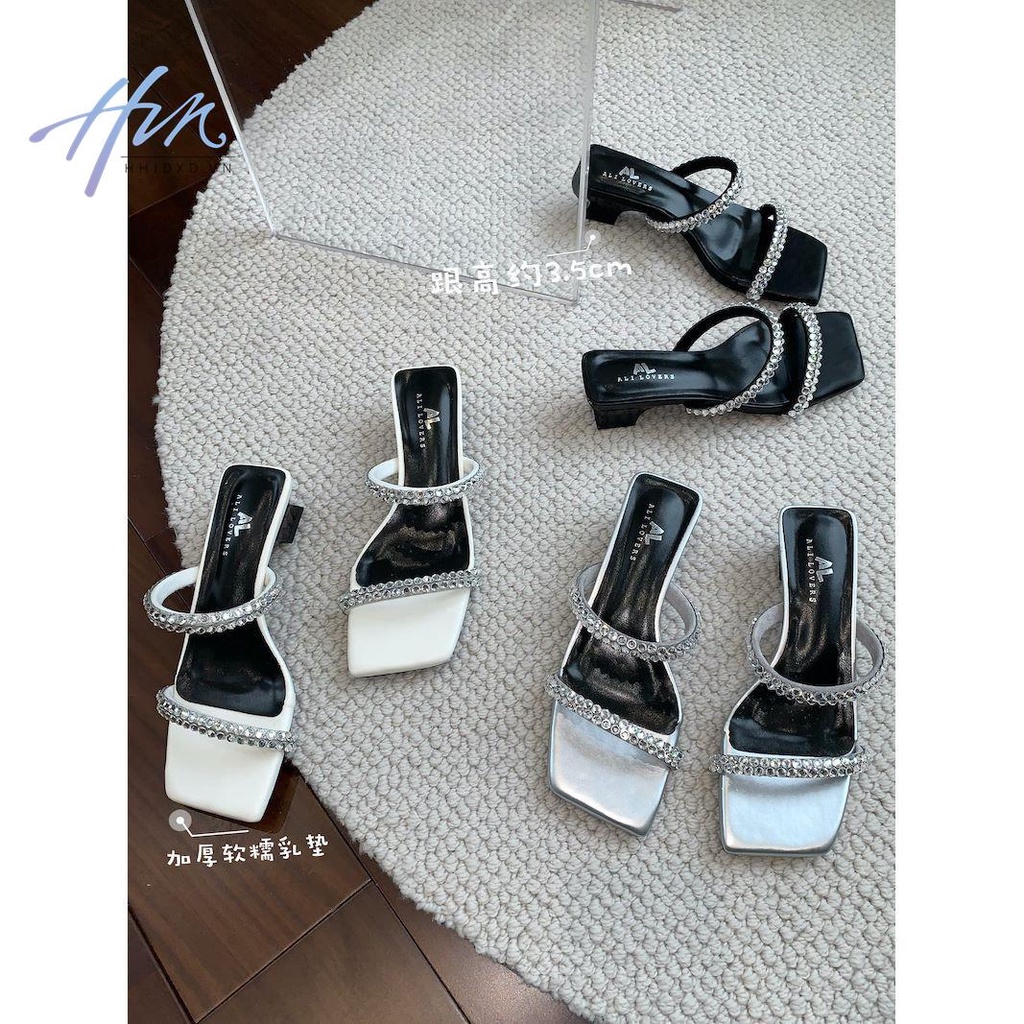 Niche Giày Cao Gót Mũi Vuông Đính Đá Phong Cách Thần Tiên Mùa Hè