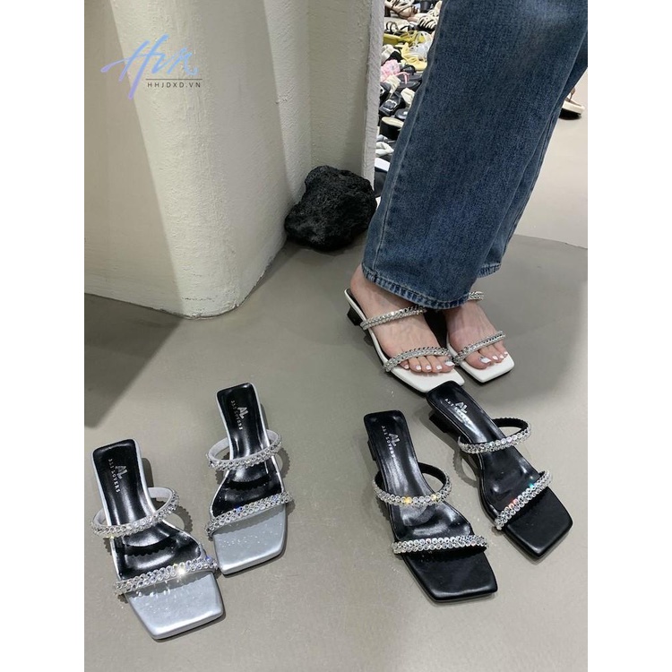 Niche Giày Cao Gót Mũi Vuông Đính Đá Phong Cách Thần Tiên Mùa Hè