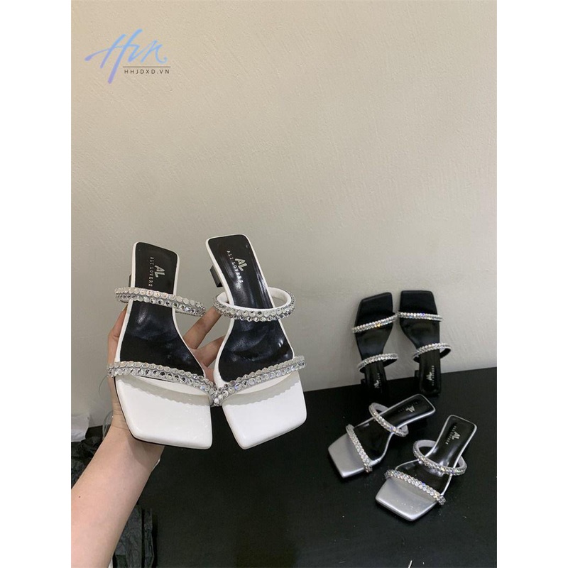 Niche Giày Cao Gót Mũi Vuông Đính Đá Phong Cách Thần Tiên Mùa Hè