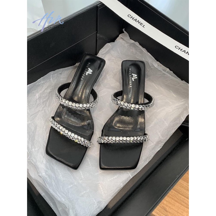 Niche Giày Cao Gót Mũi Vuông Đính Đá Phong Cách Thần Tiên Mùa Hè