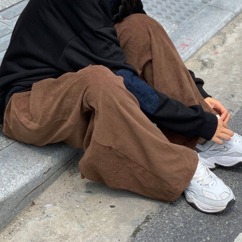 Quần Nhung Ống Rộng Thời Trang Retro Harajuku Nhật Bản Cá Tính Cho Nam Nữ