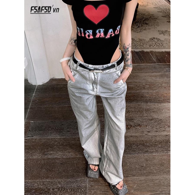 Quần Jean Ống Rộng Màu Trắng Bạc Phong Cách Mới Mùa Hè Cho Nữ