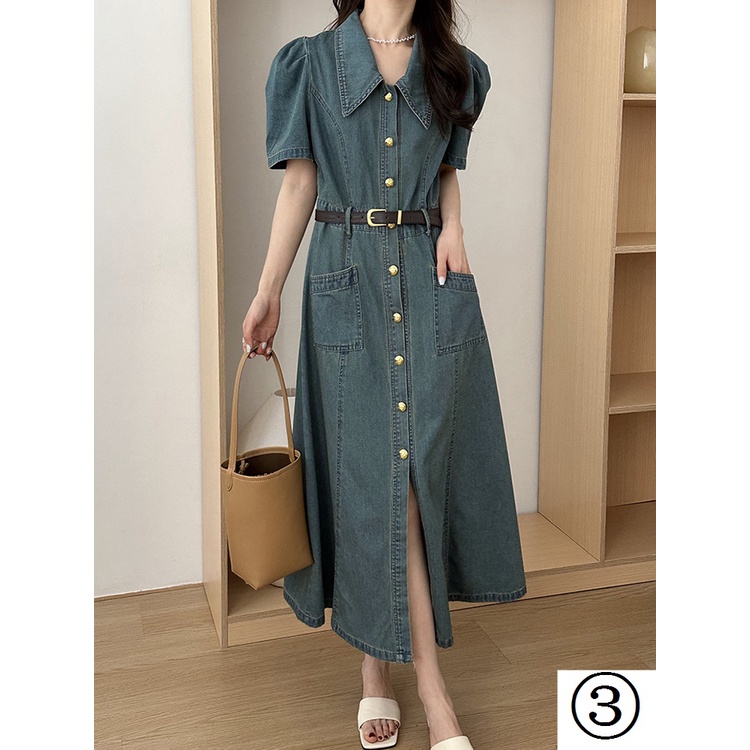 Đầm Denim Cổ Polo Tay Ngắn Phồng Mềm Mại Thời Trang Mùa Hè 2023 Cho Nữ