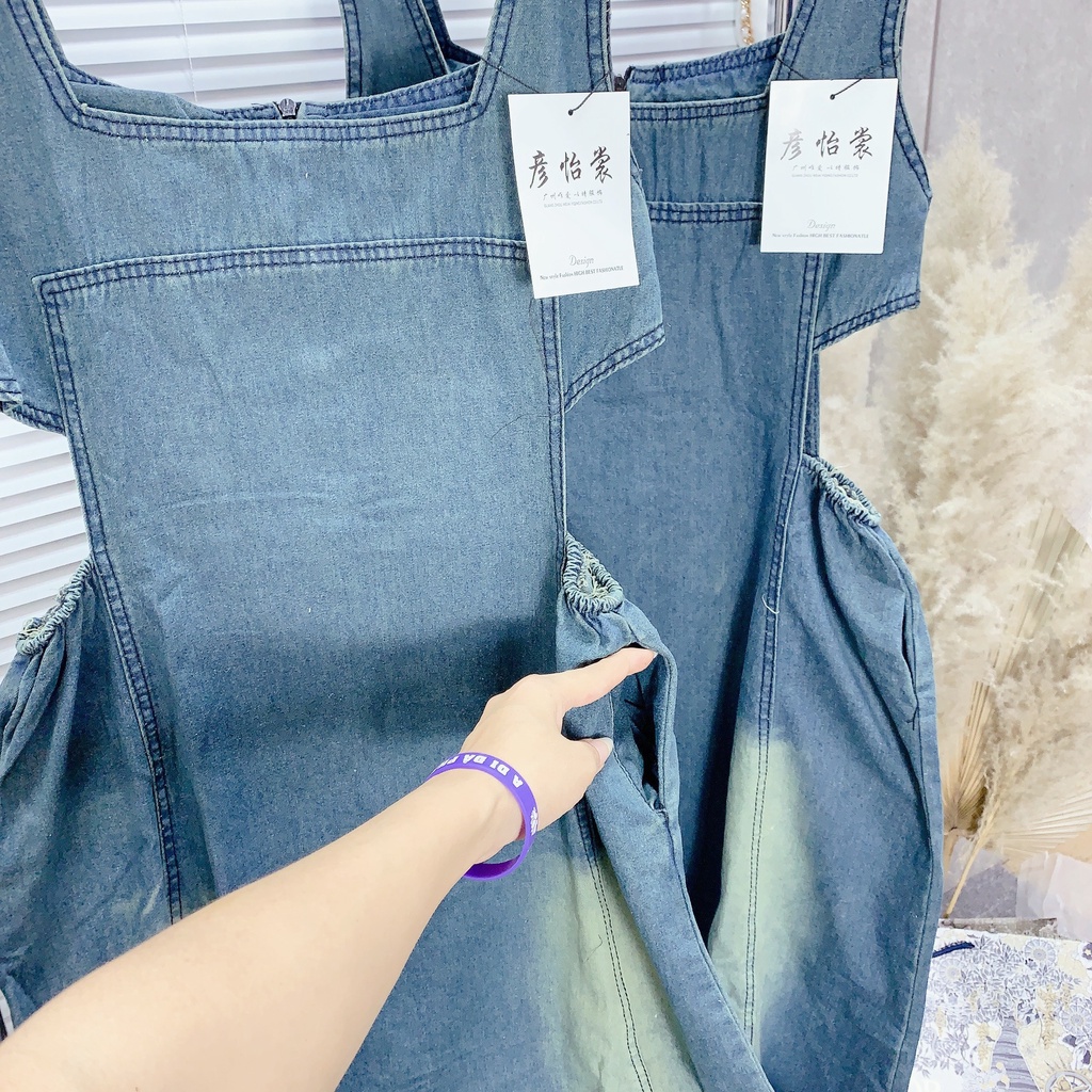 Váy Bò Mài Cổ Vuông Khoét Eo Dáng Xoè Dài , Váy Bò Cổ U Khoét Eo Loang Basic