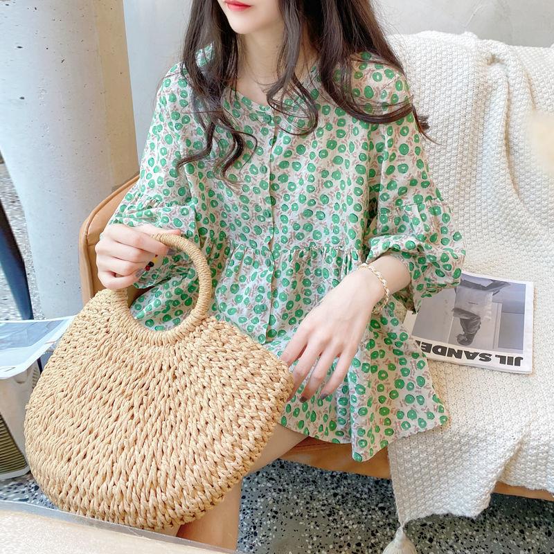 Goouliu Áo Sơ Mi cotton Tay Phồng Cổ Tròn Dáng Rộng In Hoa Thời Trang Mùa Hè Hàn Quốc Ngọt Ngào Dành Cho Bạn Nữ