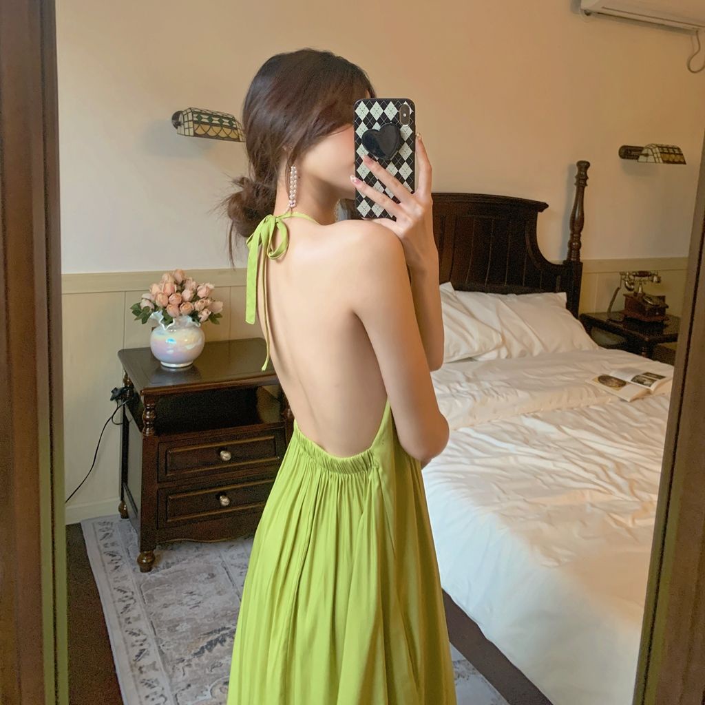 Jiashucheng Đầm Hai Dây Dáng Dài Rộng Cổ Yếm Mùa Hè Cao Cấp Cảm Giác Thoải Mái Niche Cho Nữ