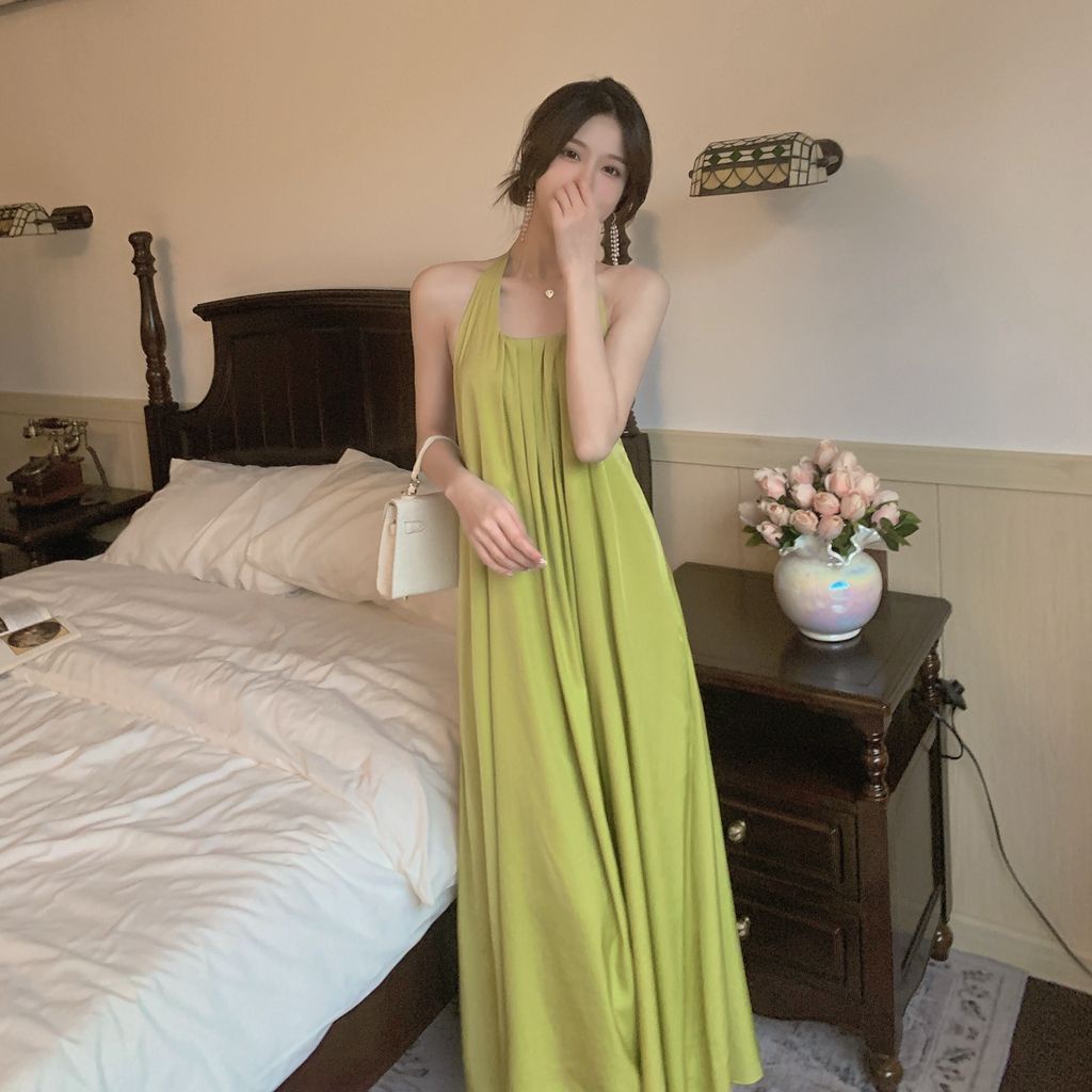 Jiashucheng Đầm Hai Dây Dáng Dài Rộng Cổ Yếm Mùa Hè Cao Cấp Cảm Giác Thoải Mái Niche Cho Nữ
