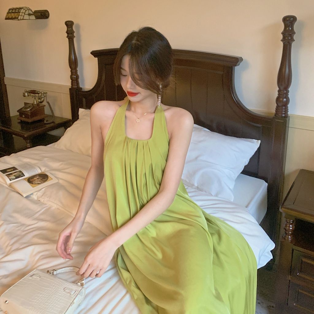 Jiashucheng Đầm Hai Dây Dáng Dài Rộng Cổ Yếm Mùa Hè Cao Cấp Cảm Giác Thoải Mái Niche Cho Nữ