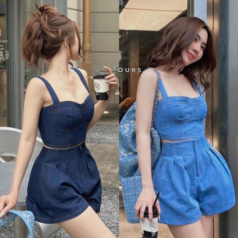 Set áo 2 dây croptop denim kèm quần shorts ống rộng