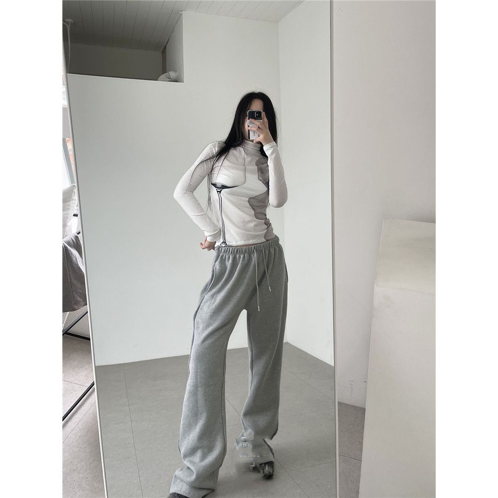 Jiashucheng Áo Thun Mỏng Tay Dài Cổ Cao In Hình Chân Dung Goblet Nhỏ Đơn Giản Phong Cách Hàn Quốc