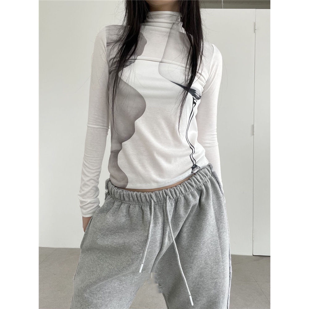 Jiashucheng Áo Thun Mỏng Tay Dài Cổ Cao In Hình Chân Dung Goblet Nhỏ Đơn Giản Phong Cách Hàn Quốc