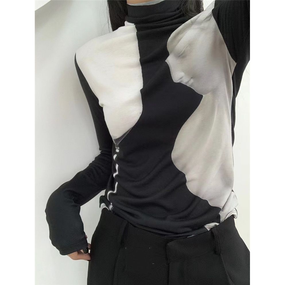 Jiashucheng Áo Thun Mỏng Tay Dài Cổ Cao In Hình Chân Dung Goblet Nhỏ Đơn Giản Phong Cách Hàn Quốc