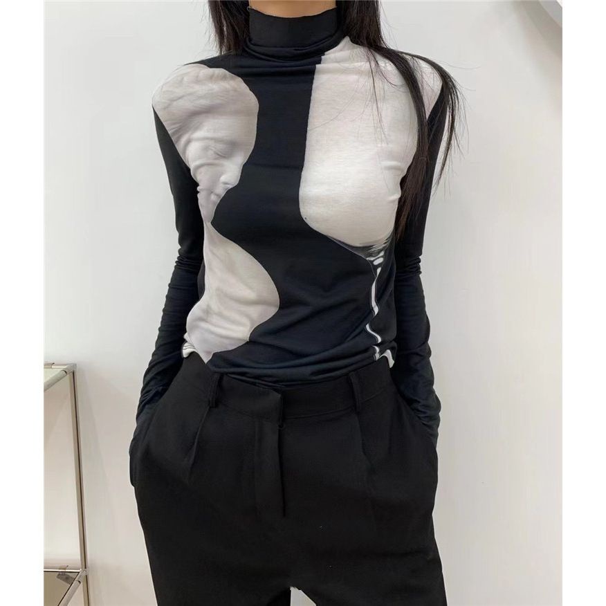 Jiashucheng Áo Thun Mỏng Tay Dài Cổ Cao In Hình Chân Dung Goblet Nhỏ Đơn Giản Phong Cách Hàn Quốc