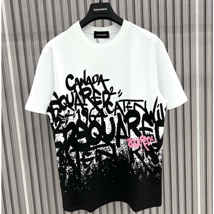 Áo Phông NAM NỮ DSQ hoa văn logo in Loang Màu Cực nét - áo phông thun DSQ chất cotton dày mát Form Unisex