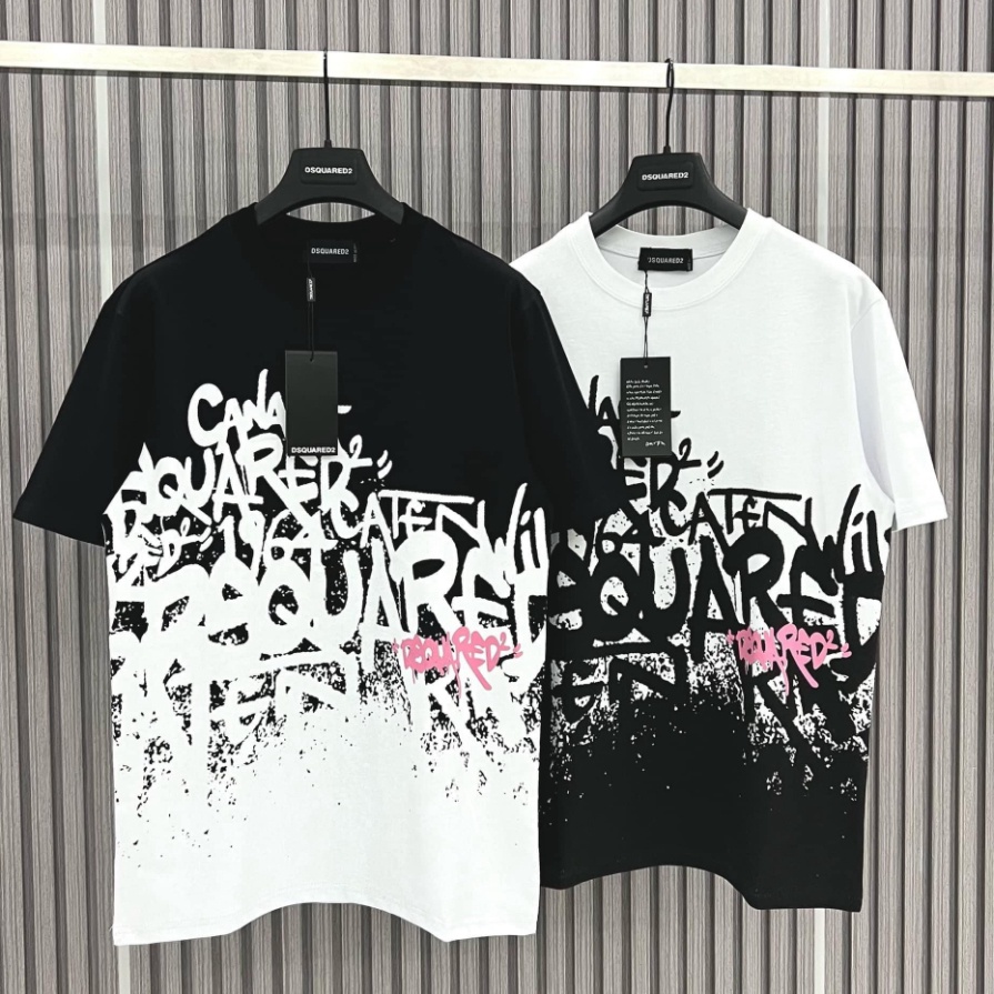 Áo Phông NAM NỮ DSQ hoa văn logo in Loang Màu Cực nét - áo phông thun DSQ chất cotton dày mát Form Unisex