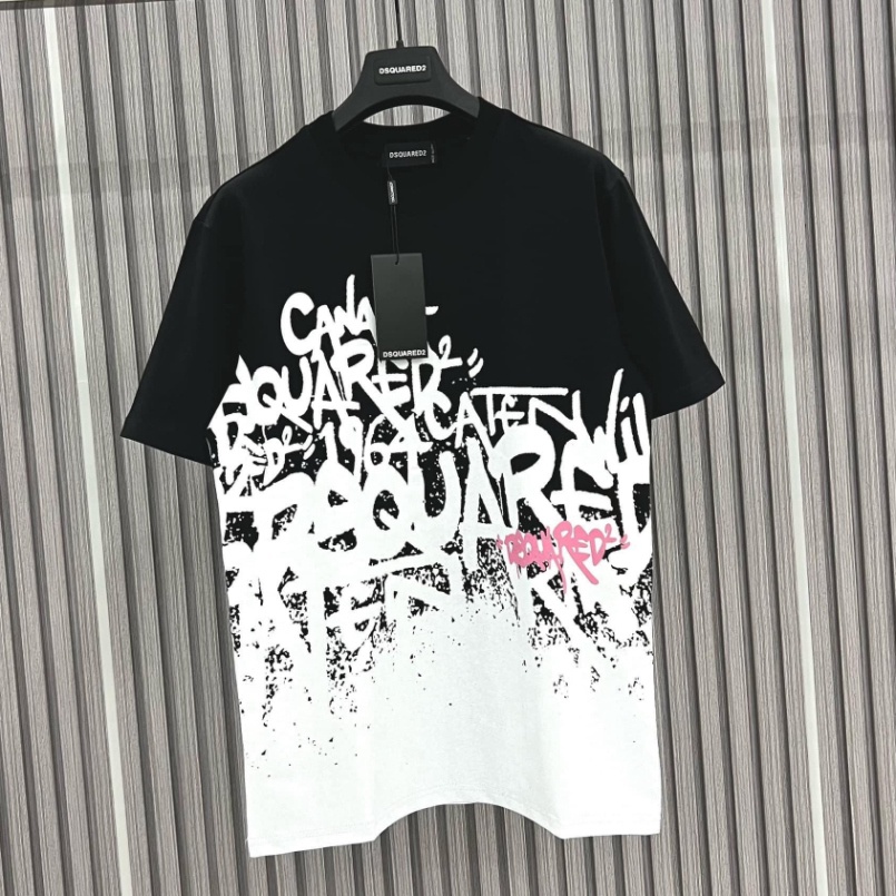 Áo Phông NAM NỮ DSQ hoa văn logo in Loang Màu Cực nét - áo phông thun DSQ chất cotton dày mát Form Unisex