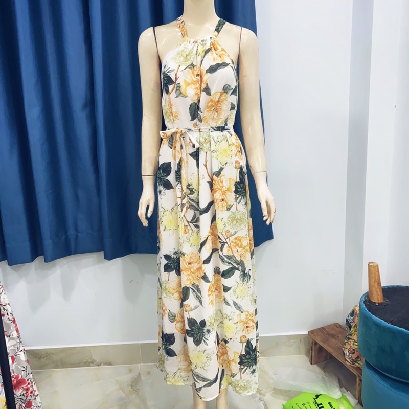 váy cổ yếm voan hoa cột eo form chữ A đầm suông freesize
