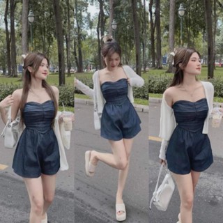 Jum jean ống cúp ngực, áo liền quần denim phối quần short