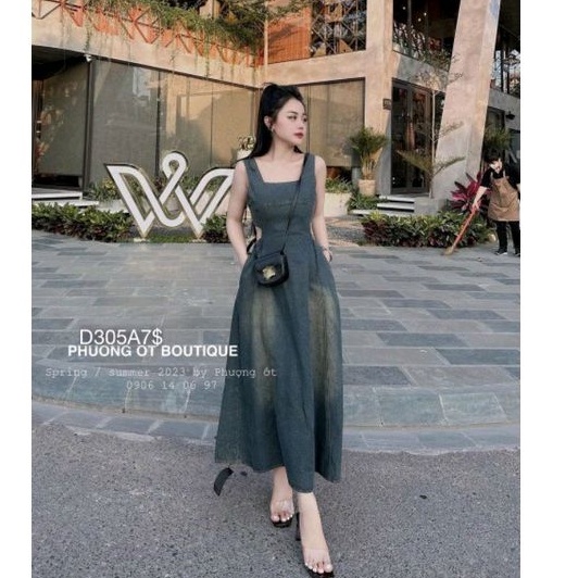 VÁY BÒ CỔ U KHOÉT EO LOANG DÁNG DÀI