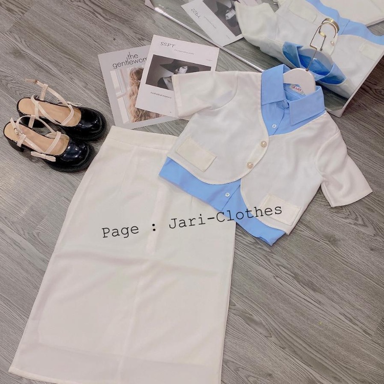 Sét công sở phong cách thiết kế phối cổ sơmi + chân váy dài đi làm