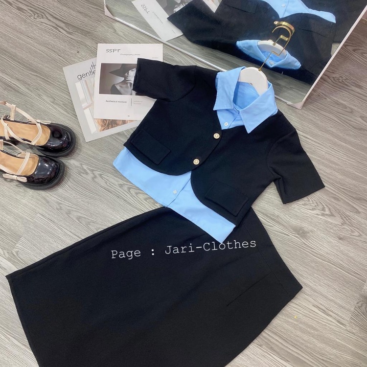 Sét công sở phong cách thiết kế phối cổ sơmi + chân váy dài đi làm