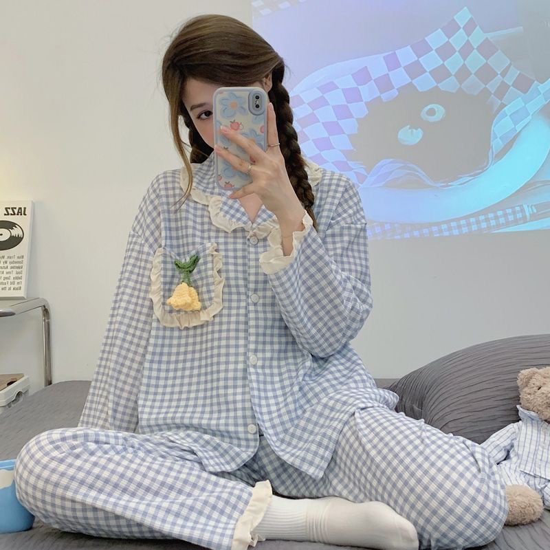Bộ Đồ Ngủ Tay Dài Nhún Bèo Họa Tiết Caro Dễ Thương Thời Trang Xuân Thu Cho Nữ