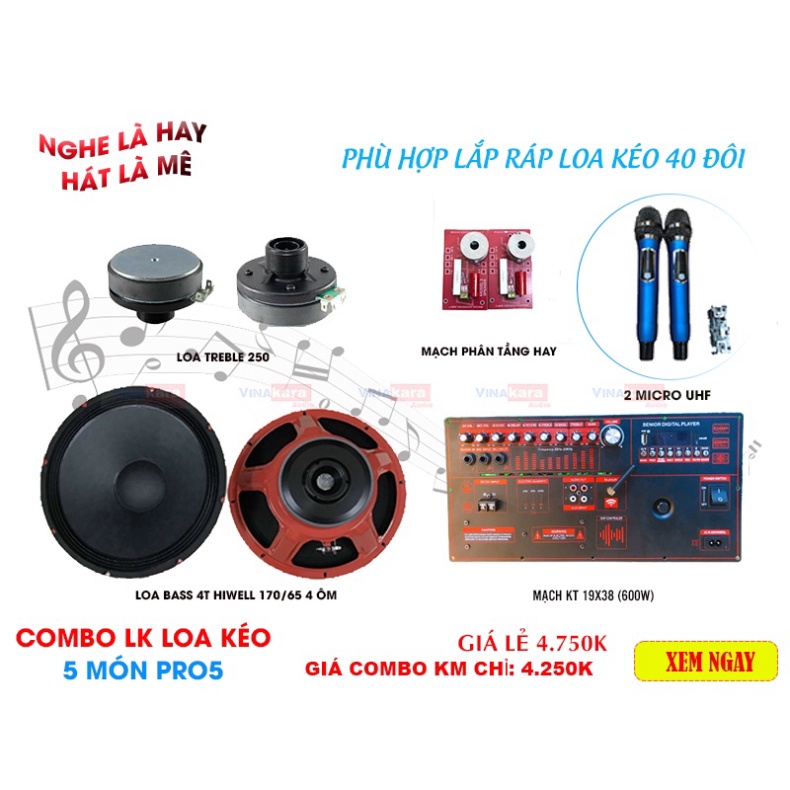 Combo phụ kiện loa kéo đầy đủ ( mạch 19x38 + 2 bass 40 4 ôm + 2 Micro UHF+ 2 Treble) cao cấp, hát nhẹ, tiếng hay