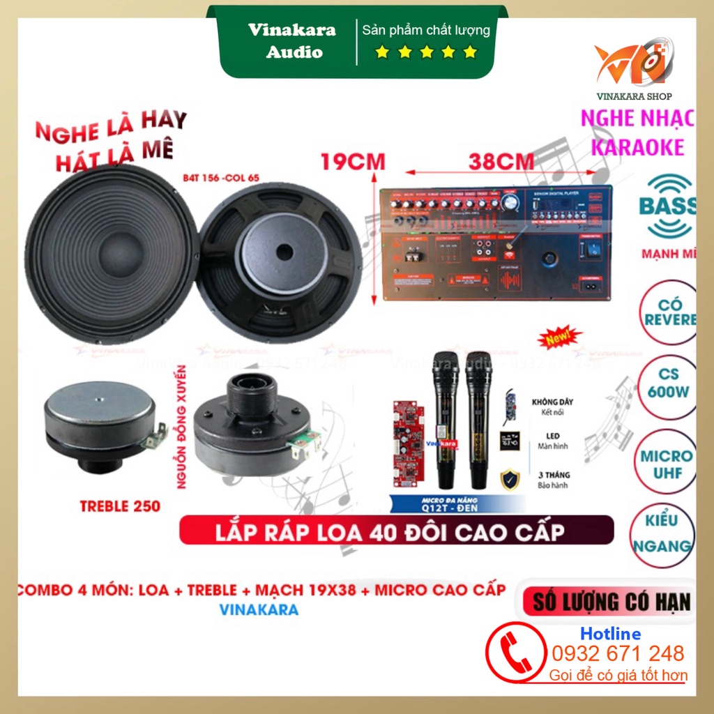 Combo phụ kiện loa kéo 4 món Bass, Treble, Mạch 19x38, Micro UHF lắp loa 40 đôi chất lượng