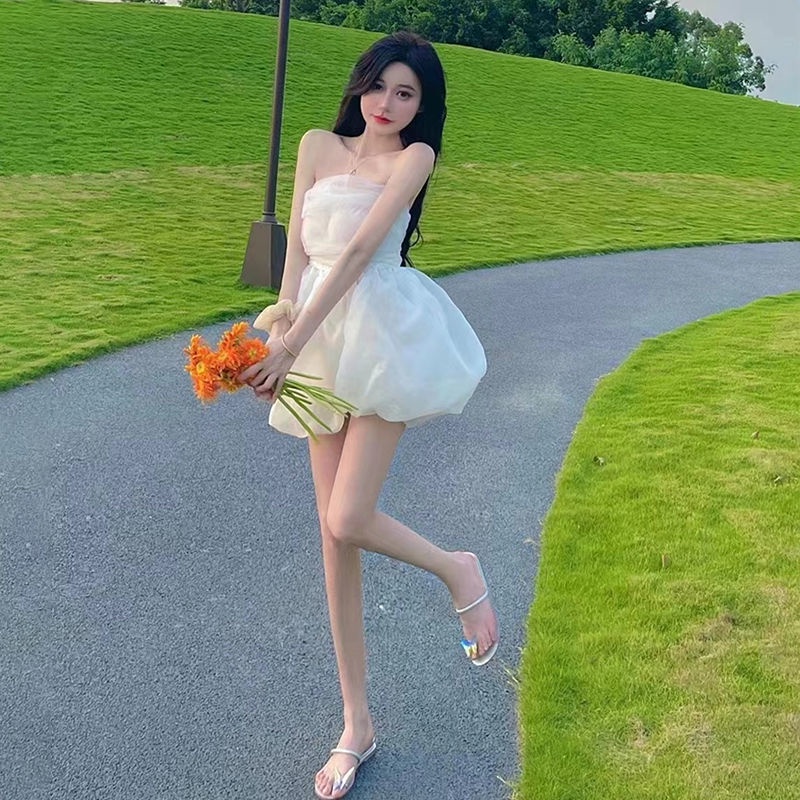 Đầm Trắng Trễ Vai Eo Nhỏ Phối Lưới Màu Trắng Ngọt Ngào Thời Trang Mùa Hè Cho Nữ