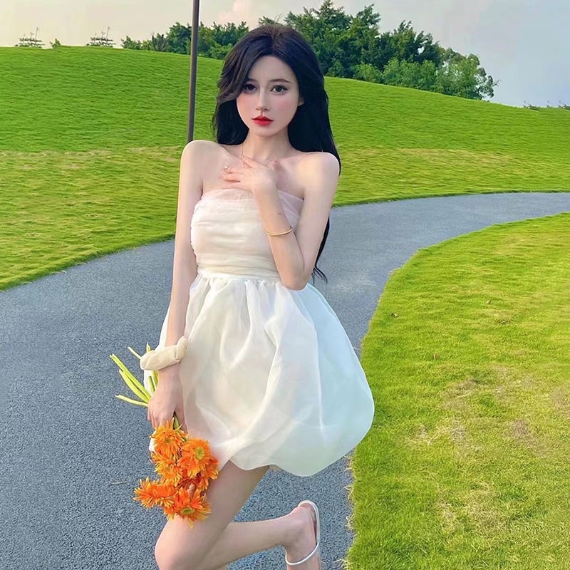 Đầm Trắng Trễ Vai Eo Nhỏ Phối Lưới Màu Trắng Ngọt Ngào Thời Trang Mùa Hè Cho Nữ