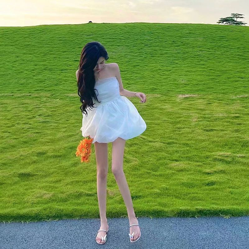 Đầm Trắng Trễ Vai Eo Nhỏ Phối Lưới Màu Trắng Ngọt Ngào Thời Trang Mùa Hè Cho Nữ