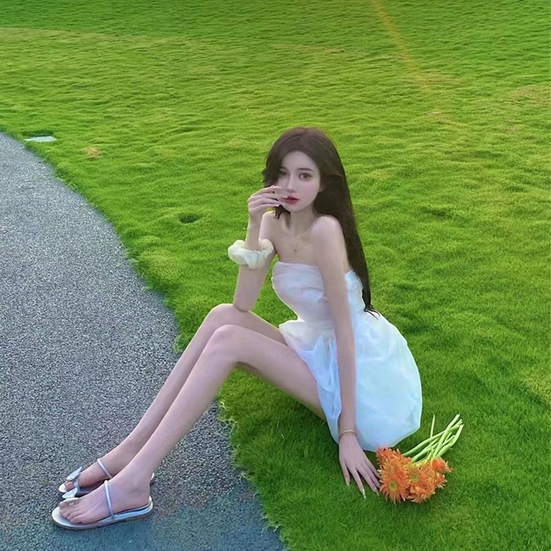 Đầm Trắng Trễ Vai Eo Nhỏ Phối Lưới Màu Trắng Ngọt Ngào Thời Trang Mùa Hè Cho Nữ